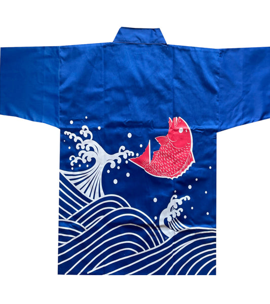 koi fish sushi coat, fish sushi coat, blue sushi chef coat, sushi chef uniforms