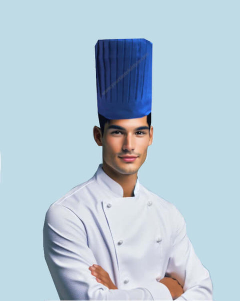 chef tall hat, blue pleated chef hat