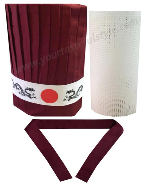 Burgundy Hibachi chef tall hat set, Japanese hibachi chef hat set