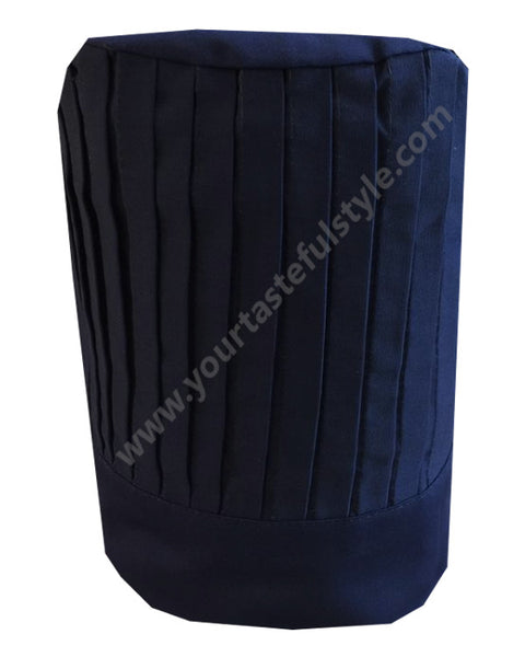 dark blue chef pleated hat, event chef tall hat, catering chef tall hat, hibachi chef tall hat