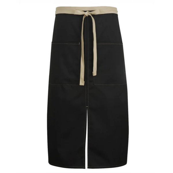 black full-length bistro apron with Khaki Color Blocked, full length bistro chef apron