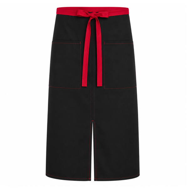 bistro split apron, color block bistro apron, front house black apron, black bistro aprons