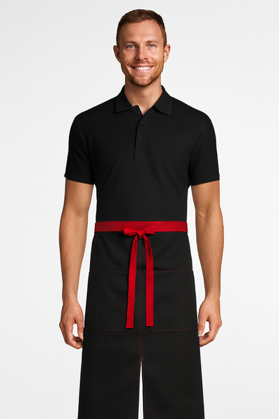 bistro split apron, color block bistro apron, front house black apron, black bistro aprons