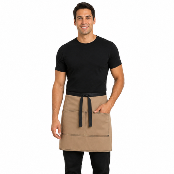 Professional café apron with durable fabric and oversized front pockets.