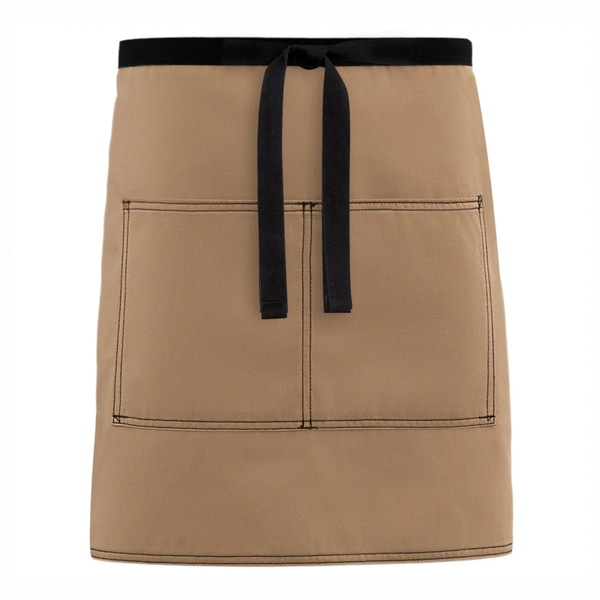 Khaki Kitchen bistro apron with durable construction and black webbing waistband.