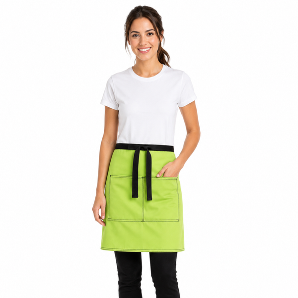 Professional restaurant bistro apron featuring durable fabric and black webbing ties.