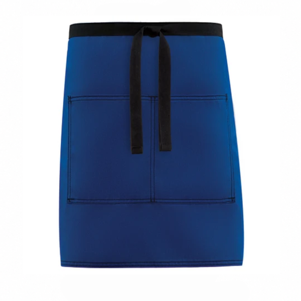 Heavy-duty black bistro apron with reinforced black webbing and large front pockets.