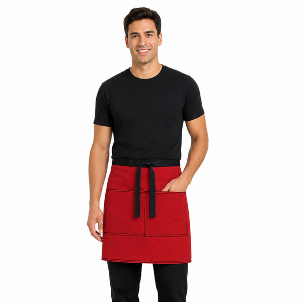Professional chef bistro apron with durable fabric and functional front pockets.