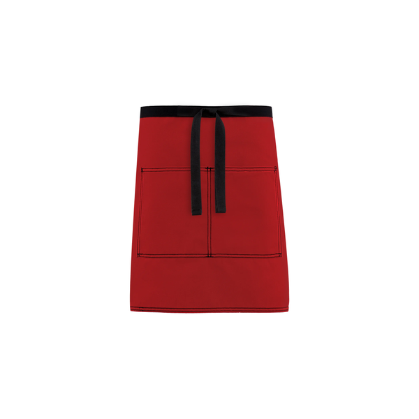 Restaurant server apron with heavy-duty construction and black webbing waistband.