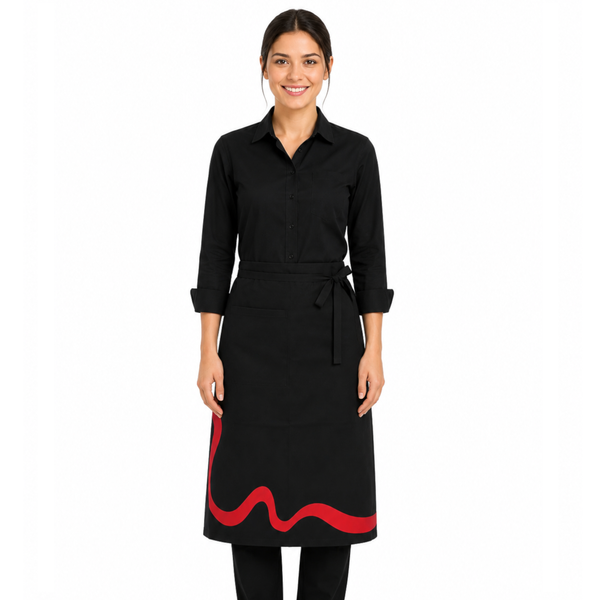 over-sized bistro apron, red and black apron, bistro apron, full size bistro apron, full bistro aprons
