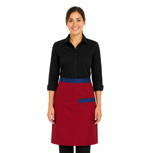 restaurant bistro apron, red and blue bistro apron, waitress bistro apron, waiter bistro apron