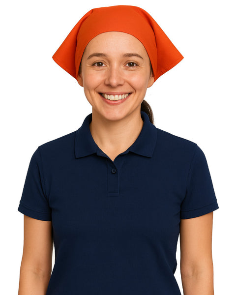Food service worker wearing orange bandana

