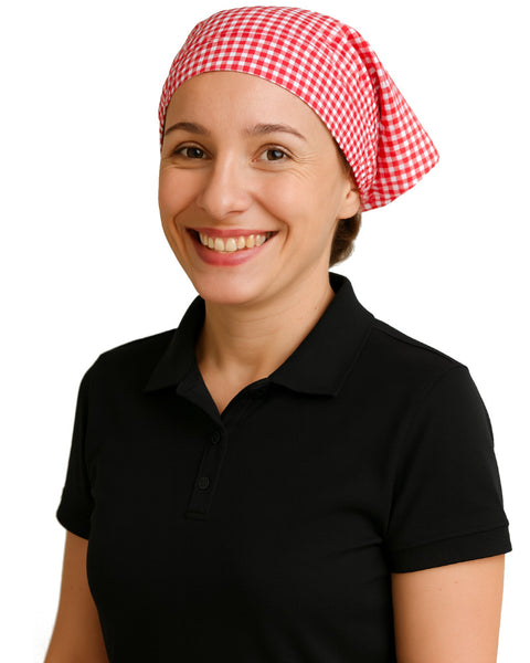 Food service worker wearing tie‑back head wrap
