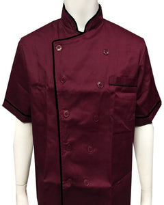 burgundy and black chef coat, chef coats, short sleeve chef coat