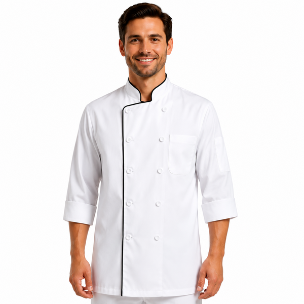 Man wearing a white chef's coat with black trim, Men's 3/4 sleeve chef coats