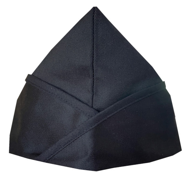 Black Chef Garrison Hat made from durable poly-cotton twill, featuring adjustable elastic for a custom fit.