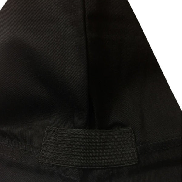 Close-up of a Black Chef Garrison Hat with adjustable elastic band for a custom fit, showcasing quality poly-cotton fabric.