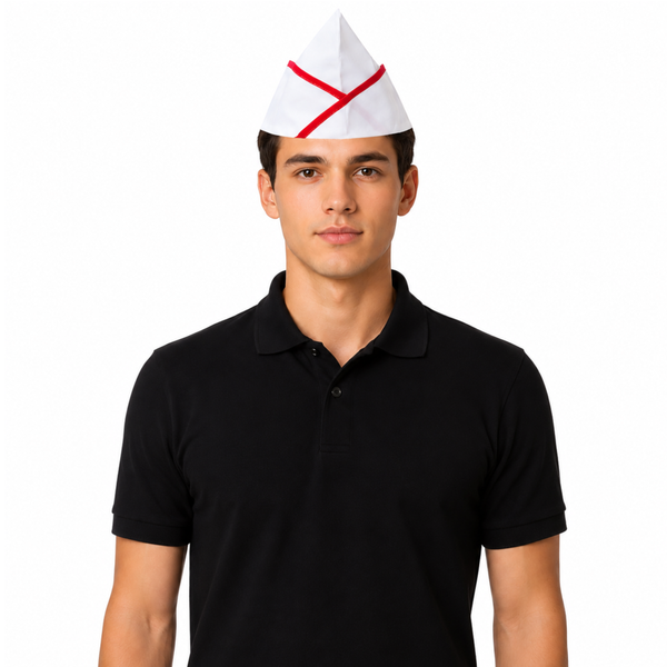 White garrison chef hat with red piping for restaurant uniforms