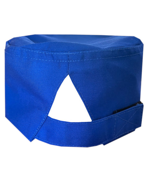 Blue adjustable chef hat with Velcro back, perfect for professional uniforms and easy maintenance.