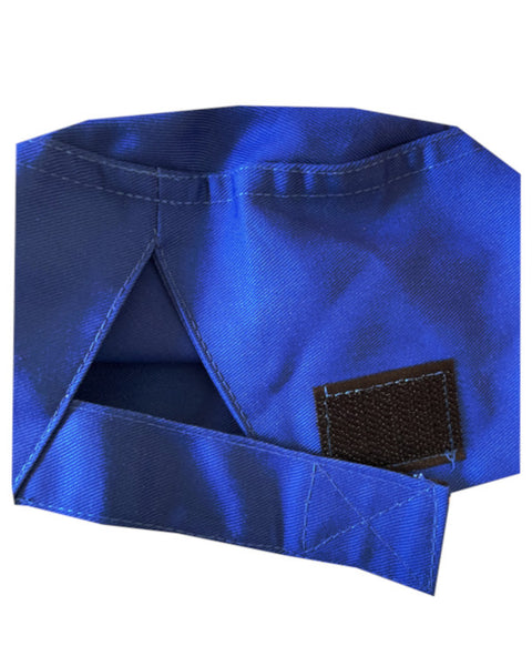 Blue adjustable chef hat showcasing the Velcro back for a comfortable fit, ideal for chef uniforms.