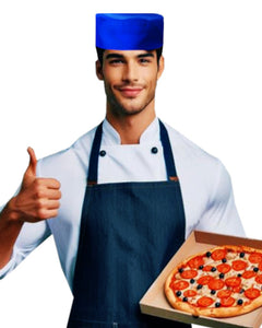 Unisex chef wearing a blue adjustable hat, giving a thumbs up while holding a pizza in a box.