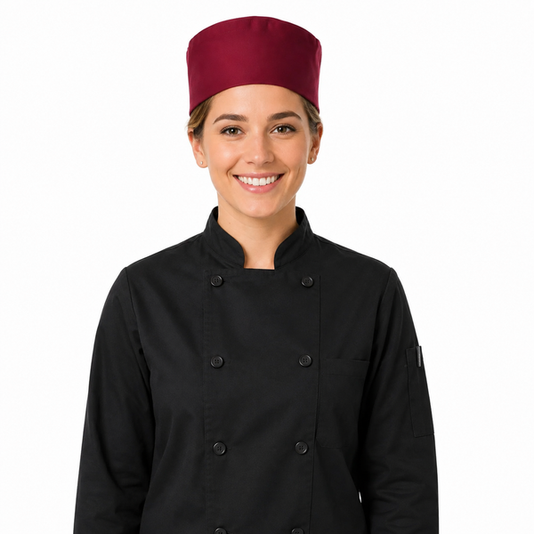 Adjustable burgundy chef skull cap in burgundy worn by smiling chef in white uniform, perfect for professional kitchens. custom chef hat, popular chef hats