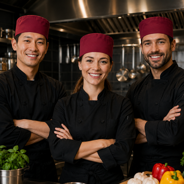 Adjustable chef skull cap in burgundy worn by smiling chef in white uniform, perfect for professional kitchens. custom chef hat, popular chef hats, 3-piese burgundy chef hat