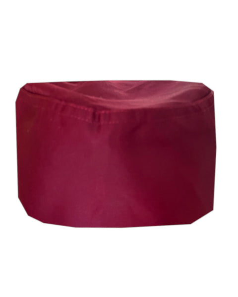 Adjustable burgundy chef hat, stylish kitchen cooking cap for food service professionals.