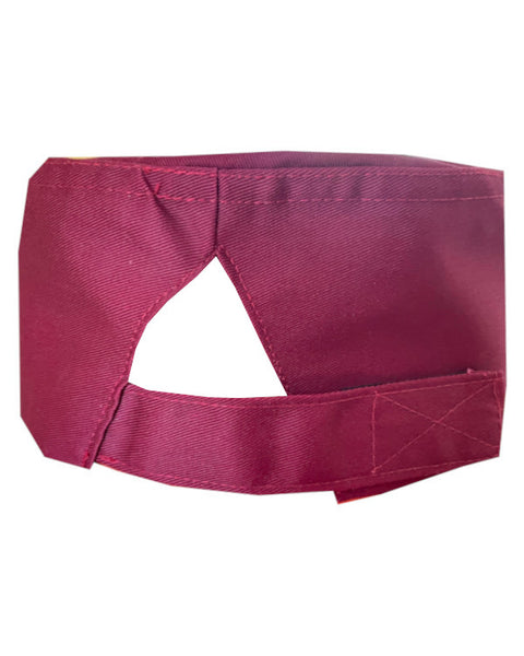 Adjustable burgundy chef hat with an open back for comfort and style in kitchen cooking.