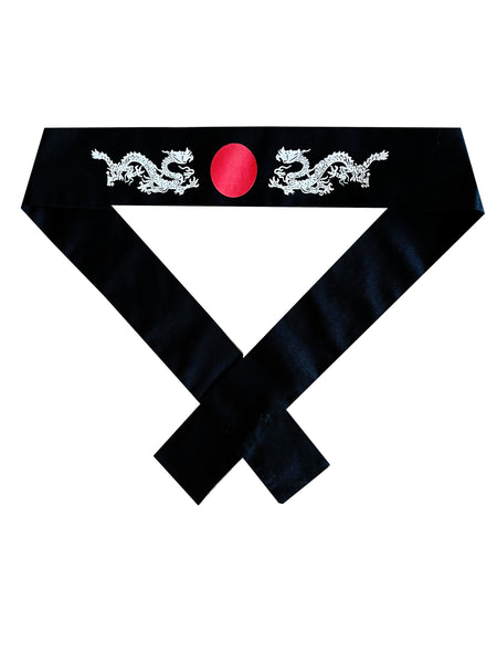 Black headband with white dragon designs and red circle, perfect for hibachi chefs and culinary enthusiasts.