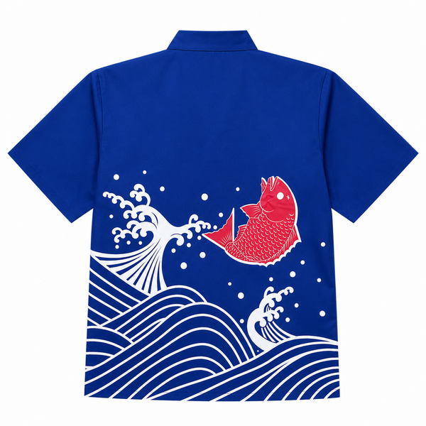 koi fish sushi coat, fish sushi coat, blue sushi chef coat, sushi chef uniforms
