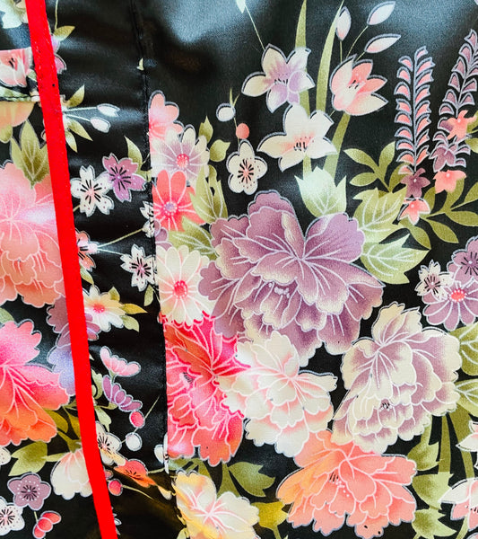 black flower happi coat, short kimono, kimono, sushi server happi coat
