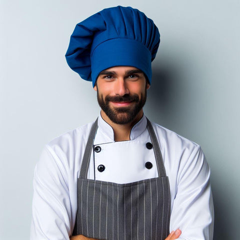 Smiling chef wearing a blue poplin chef hat and professional kitchen attire, showcasing culinary style.