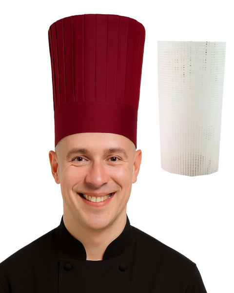 Burgundy tall hibachi chef hat with plastic support insert