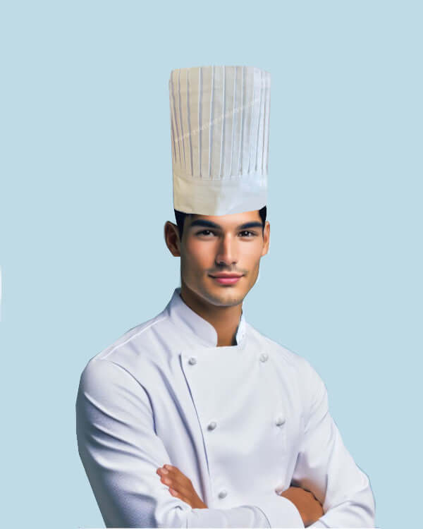 white chef tall hat, white fabric chef tall hat, chef tall hat, pleated chef hat