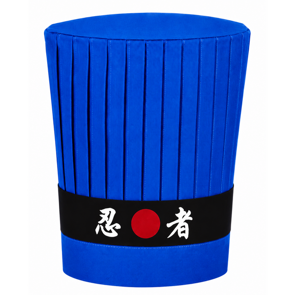Blue Hibachi chef tall hat with Japanese "Ninja" headband design, perfect for hibachi cooking.