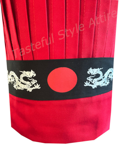 Red Hibachi chef hat with dragon and circle design, ideal for professional cooking and grilling.