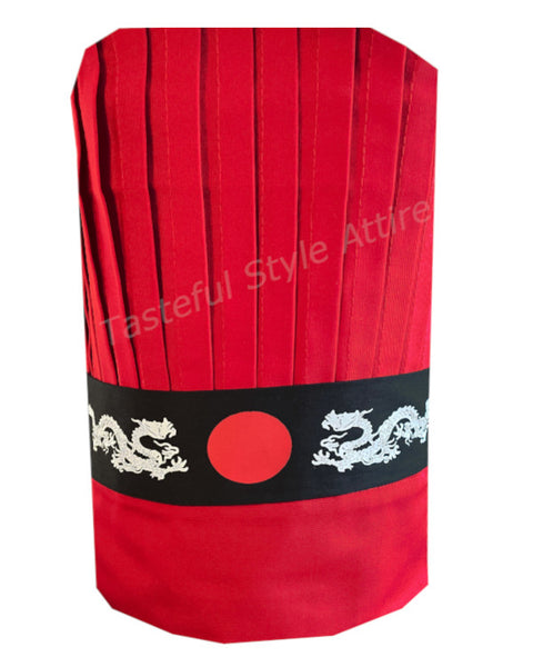 Hibachi chef tall hat in red with dragon design and circular emblem, perfect for culinary professionals.