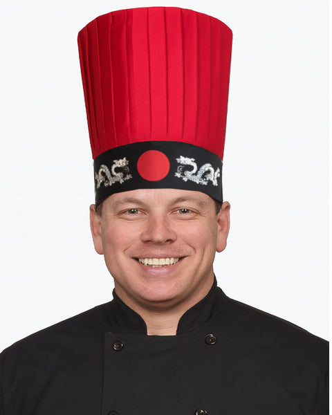 Hibachi chef tall hat in red with dragon design and circular emblem, perfect for culinary professionals.