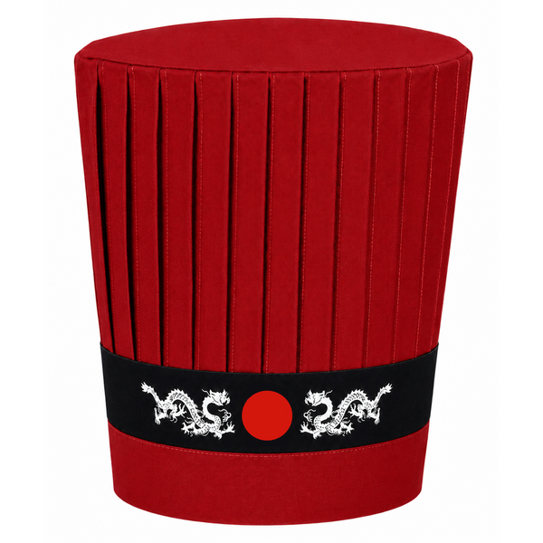 red Hibachi chef tall hat in red with dragon design and circular emblem, perfect for culinary professionals.