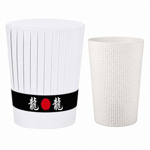 Tall Hibachi chef hat with Japanese headband and plastic support insert