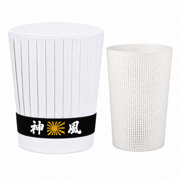 Tall Hibachi chef hat with Japanese headband and plastic support insert
