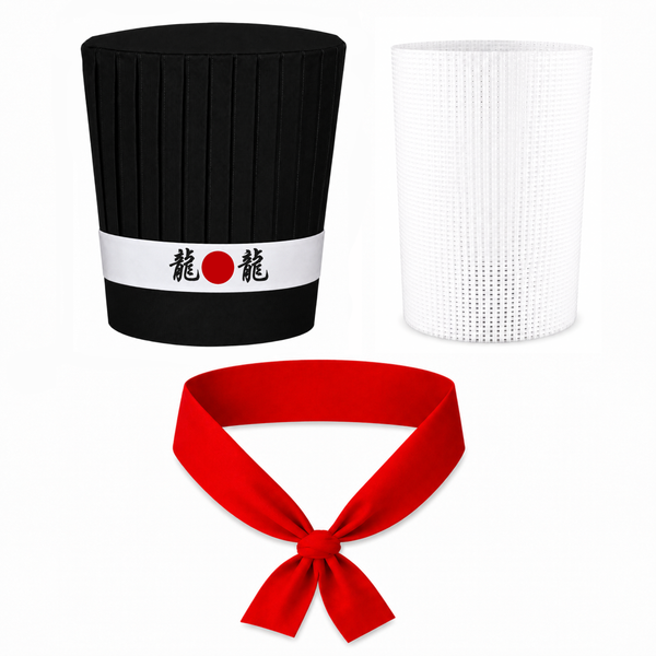Black 4-piece Hibachi chef hat set with Dragon headband, necktie and support insert