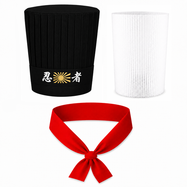 Black Hibachi chef hat with Ichiban headband and matching necktie