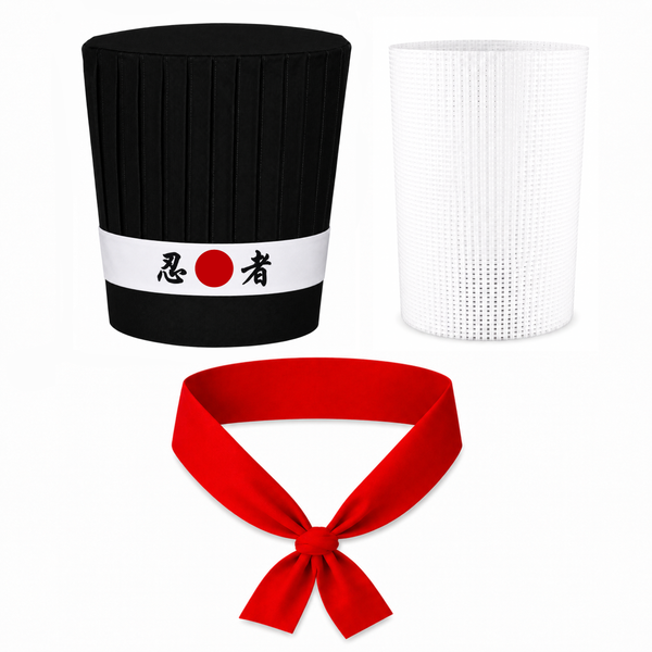 Black Hibachi chef hat set with Ninja Japanese headband, necktie and support insert