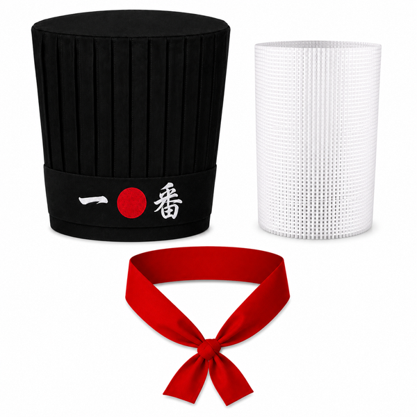 Black Japanese Hibachi chef hat with Dragon headband and red chef necktie