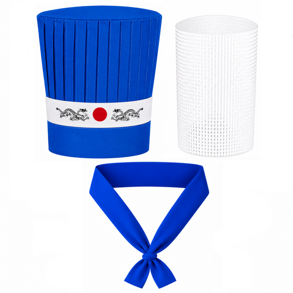 Blue Hibachi chef hat set with Dragon headband, chef necktie and hat support insert