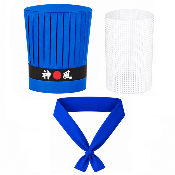 Blue Japanese chef hat with Divine Wind headband and matching chef necktie