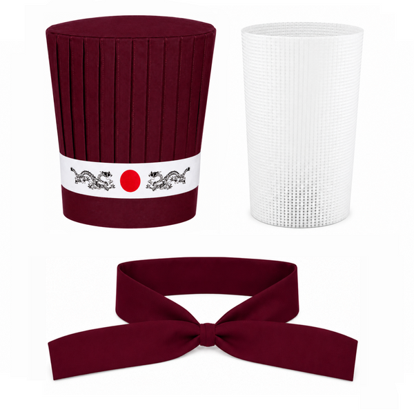 Burgundy Professional Hibachi Chef Hat 4-Piece Set with Japanese Headband