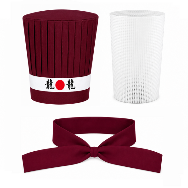 Burgundy Hibachi chef hat with Ichiban headband, necktie and support insert